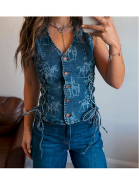 NWT Lucky & Blessed HORSE PRINT Denim Rodeo WESTERN COWGIRL Corset Vest WOMENS L